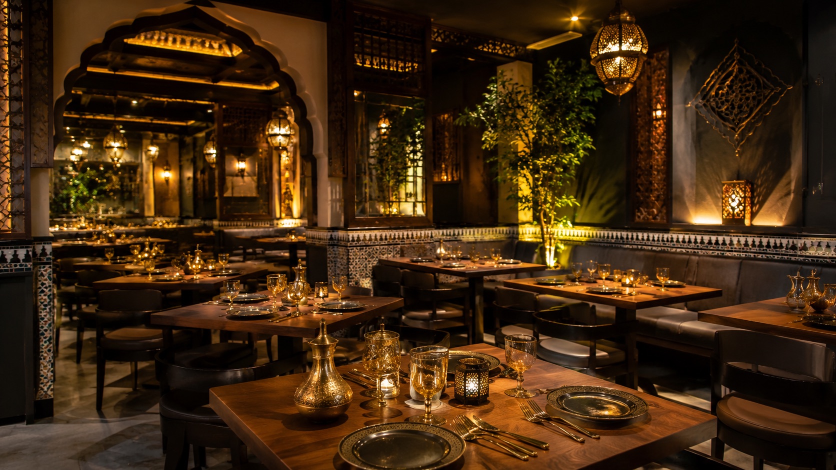 Blick in den Gastraum des Altun Uyghur Restaurants — gedeckte Tische, Laternen, warmes Licht